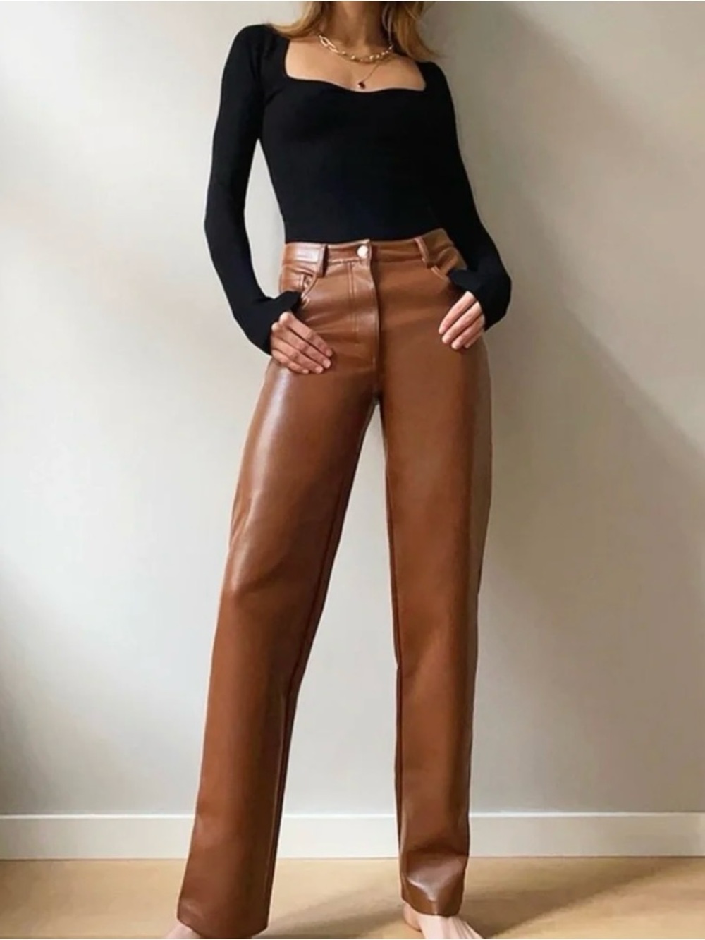 Wilfred Brown Straight-Leg Faux Leather Jeans